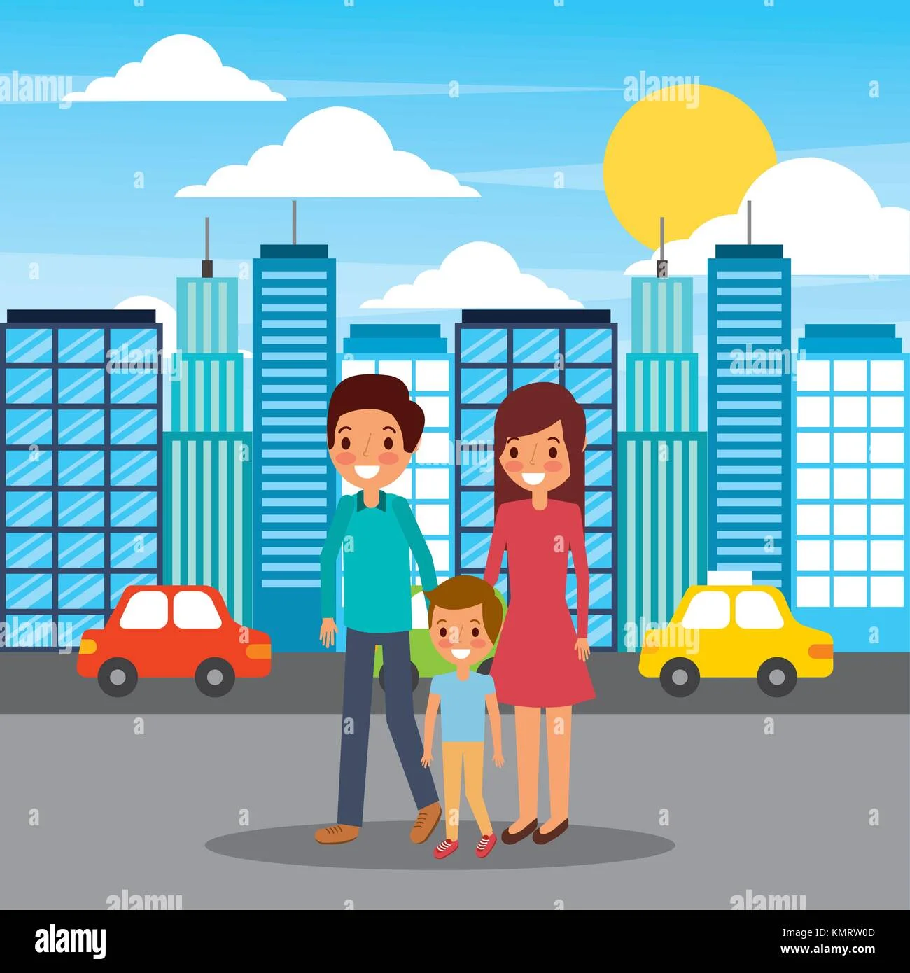 Familia caminando feliz por una ciudad